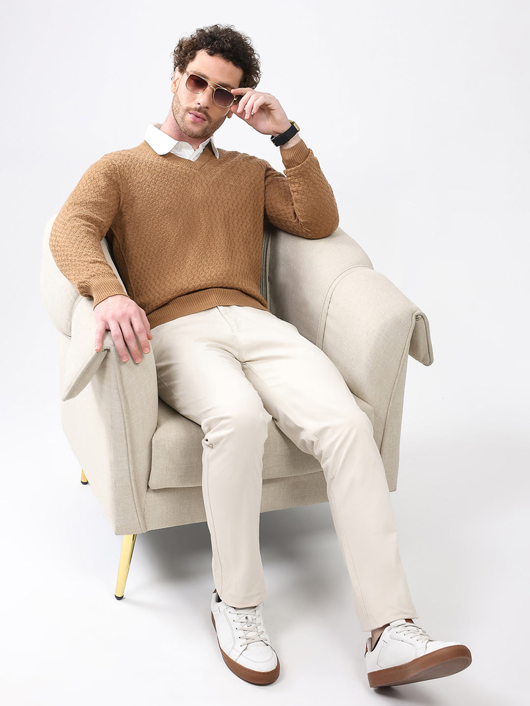 Luxuria Men Khaki Self Design V Neck Full Sleeve Pullover