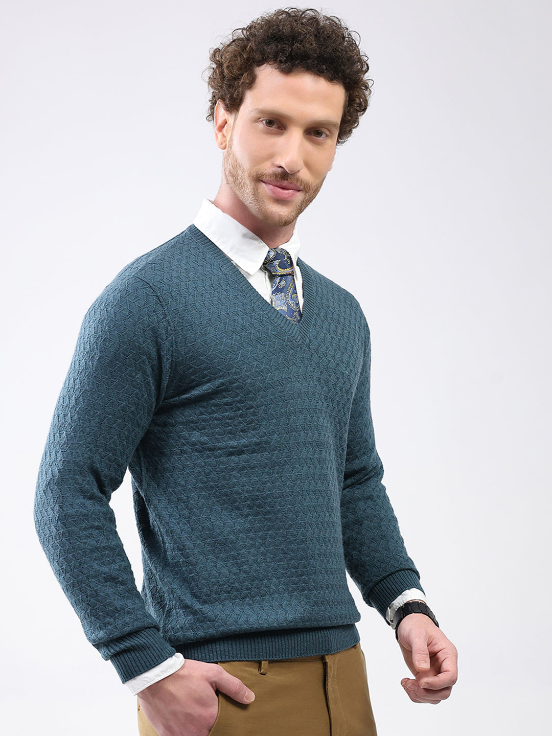 Luxuria Men Teal Blue Self Design V Neck Full Sleeve Pullover