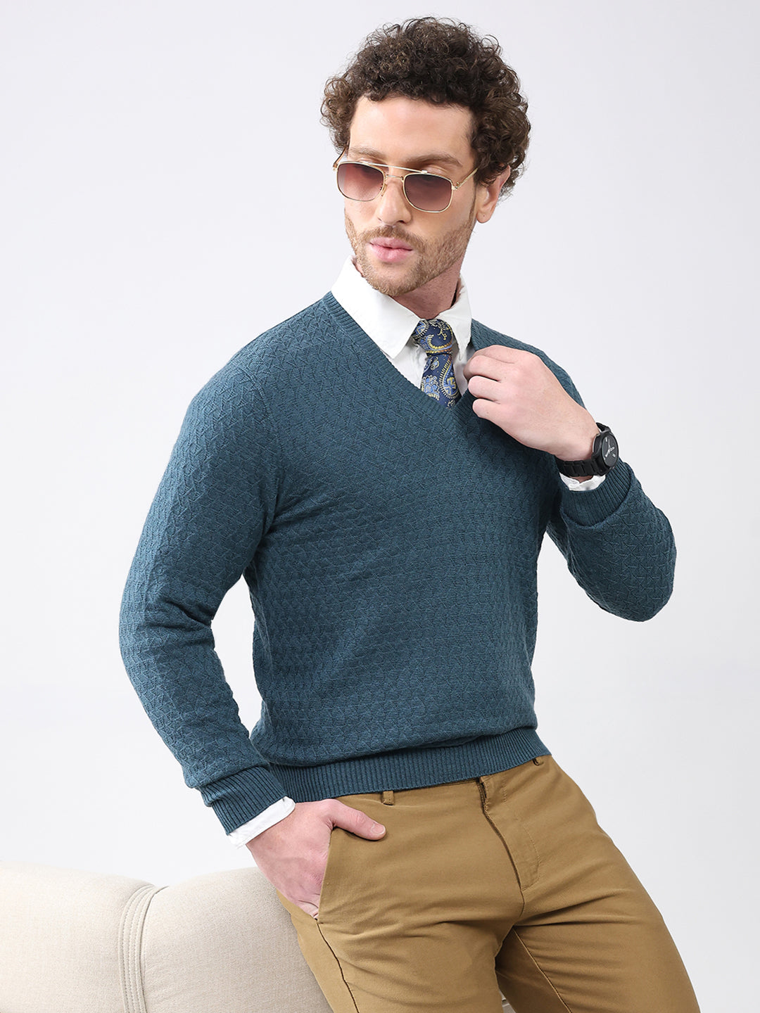 Luxuria Men Teal Blue Self Design V Neck Full Sleeve Pullover