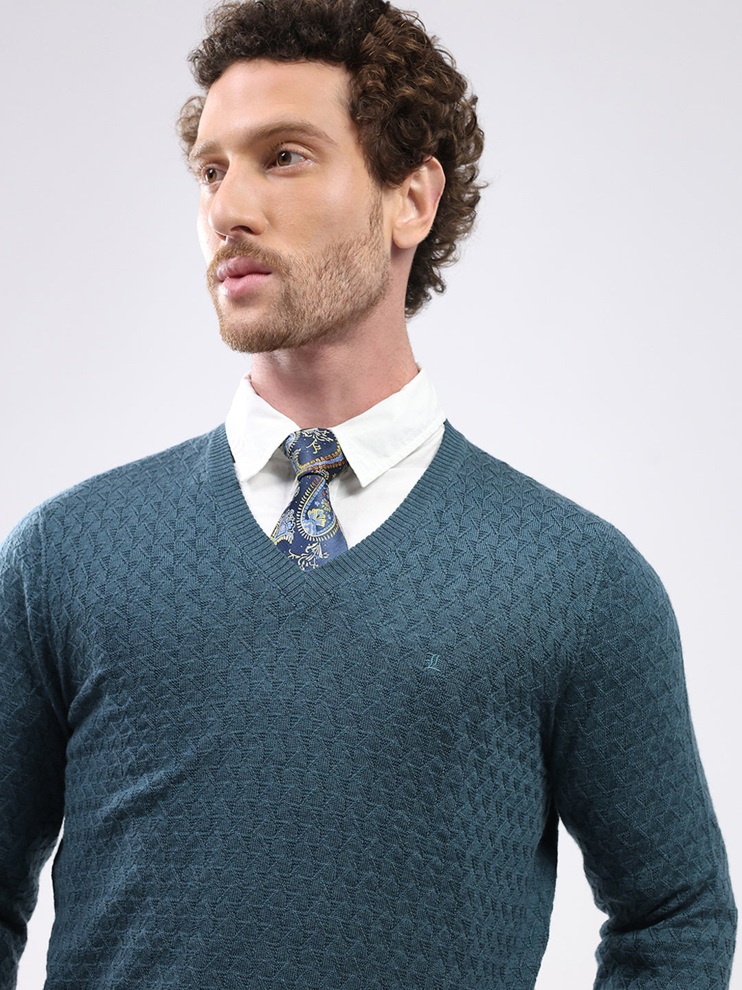 Luxuria Men Teal Blue Self Design V Neck Full Sleeve Pullover