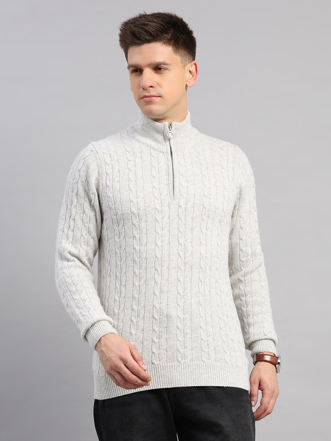 Luxuria Men Off White Self Design Round Neck Full Sleeve Pullover