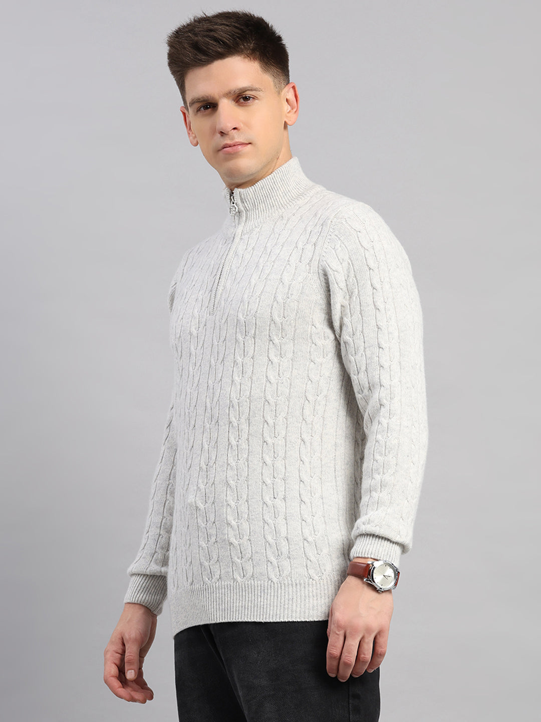 Luxuria Men Off White Self Design Round Neck Full Sleeve Pullover