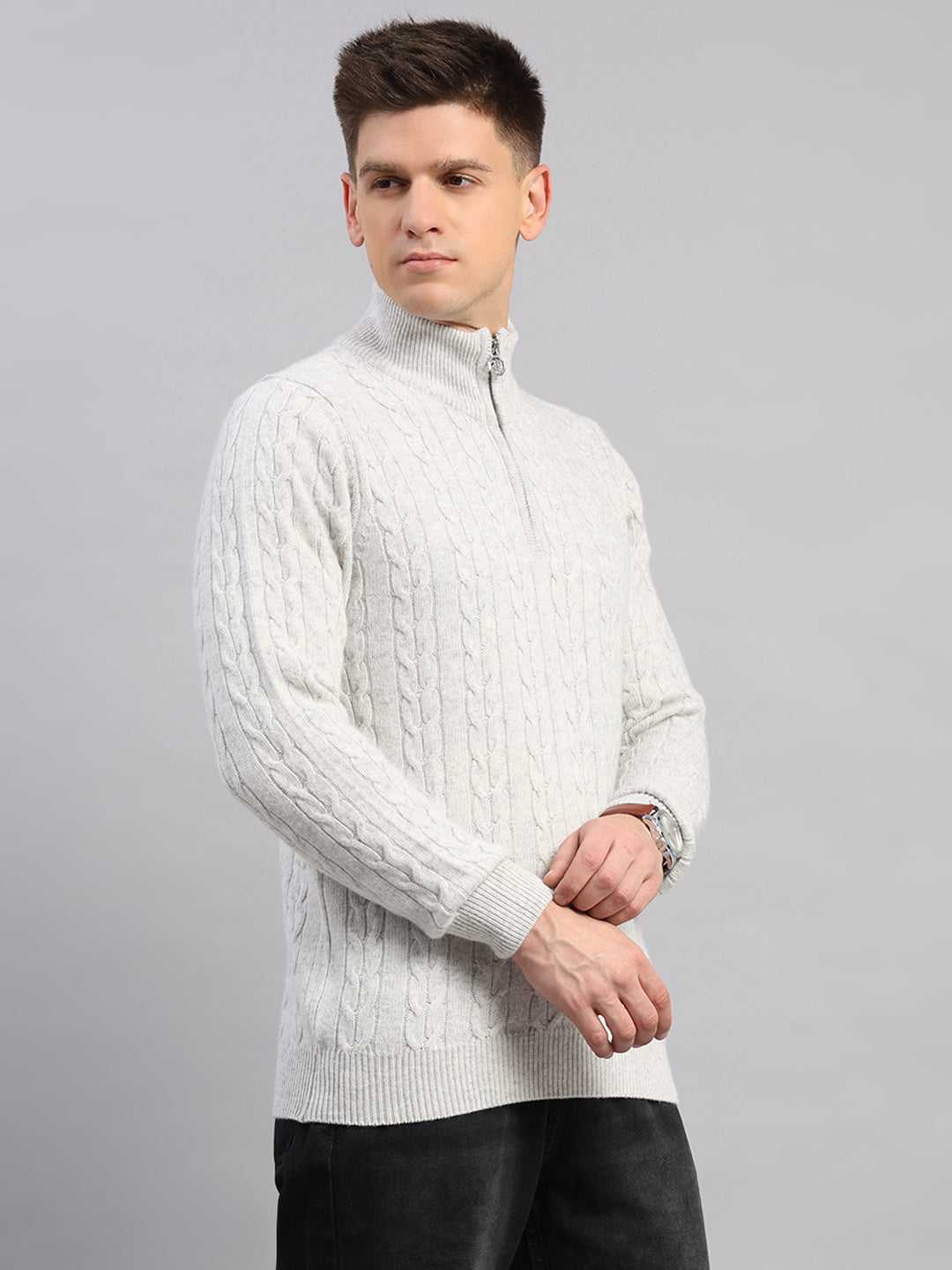 Luxuria Men Off White Self Design Round Neck Full Sleeve Pullover