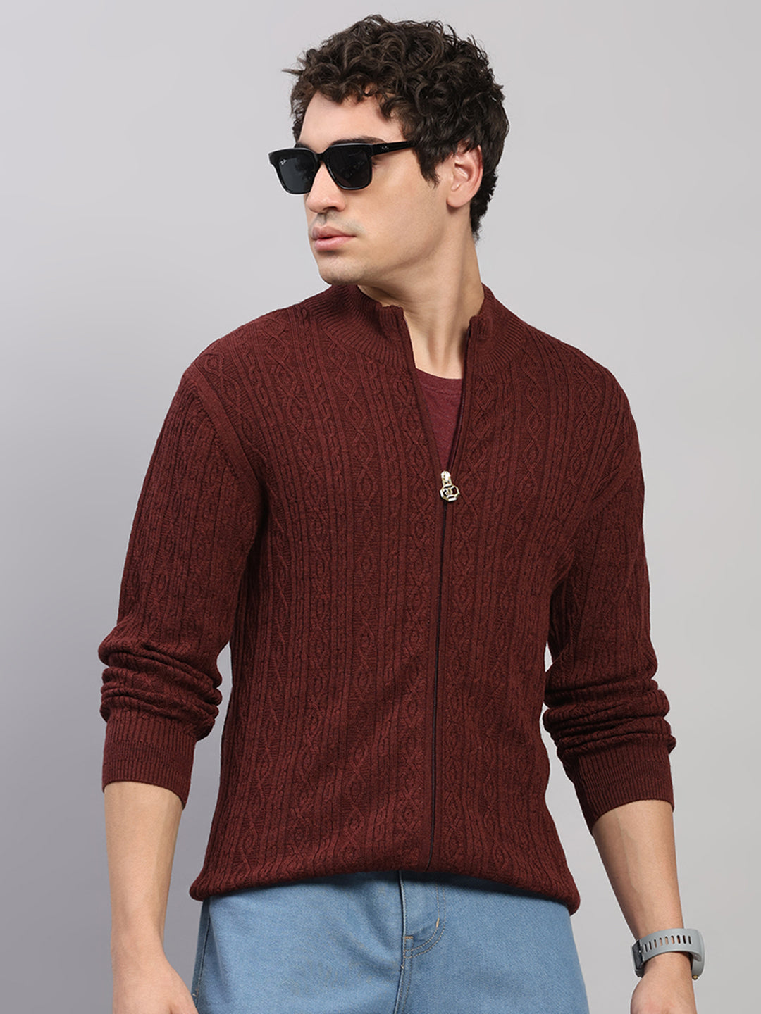 Luxuria Men Maroon Self Design Round Neck Full Sleeve Pullover