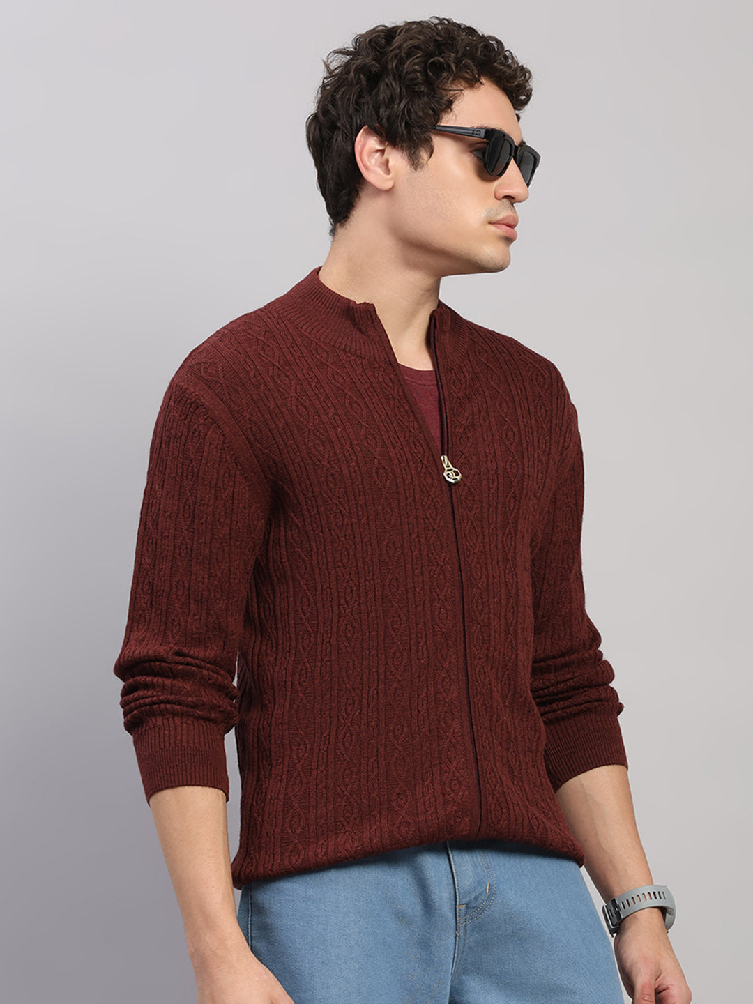 Luxuria Men Maroon Self Design Round Neck Full Sleeve Pullover