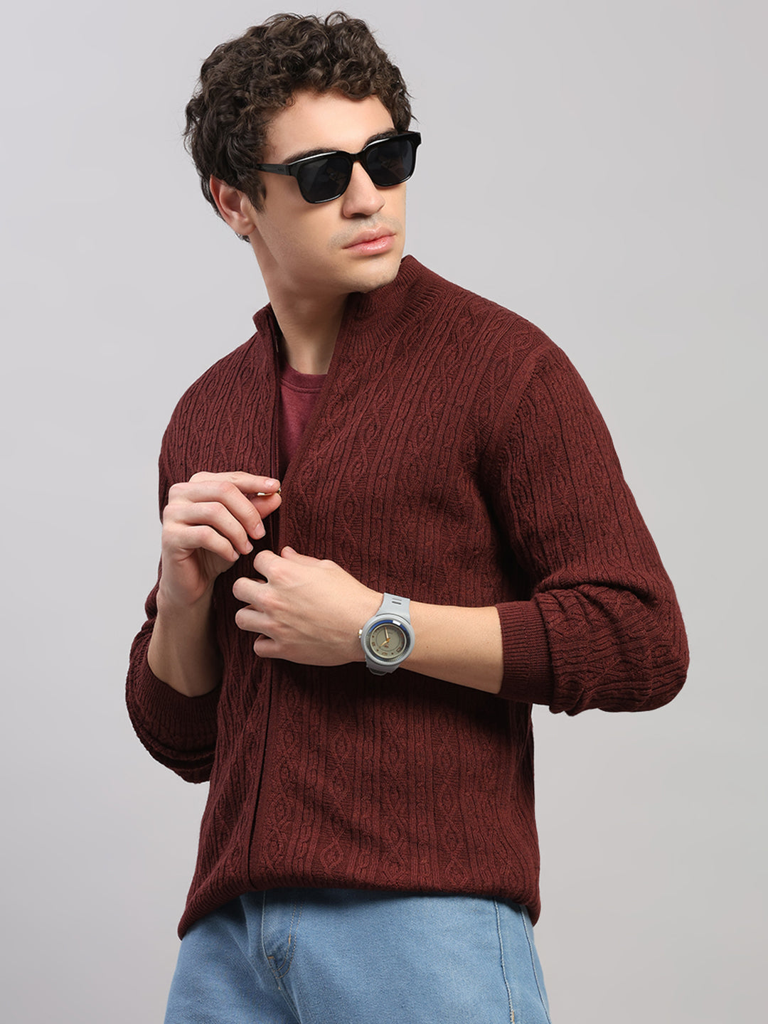 Luxuria Men Maroon Self Design Round Neck Full Sleeve Pullover