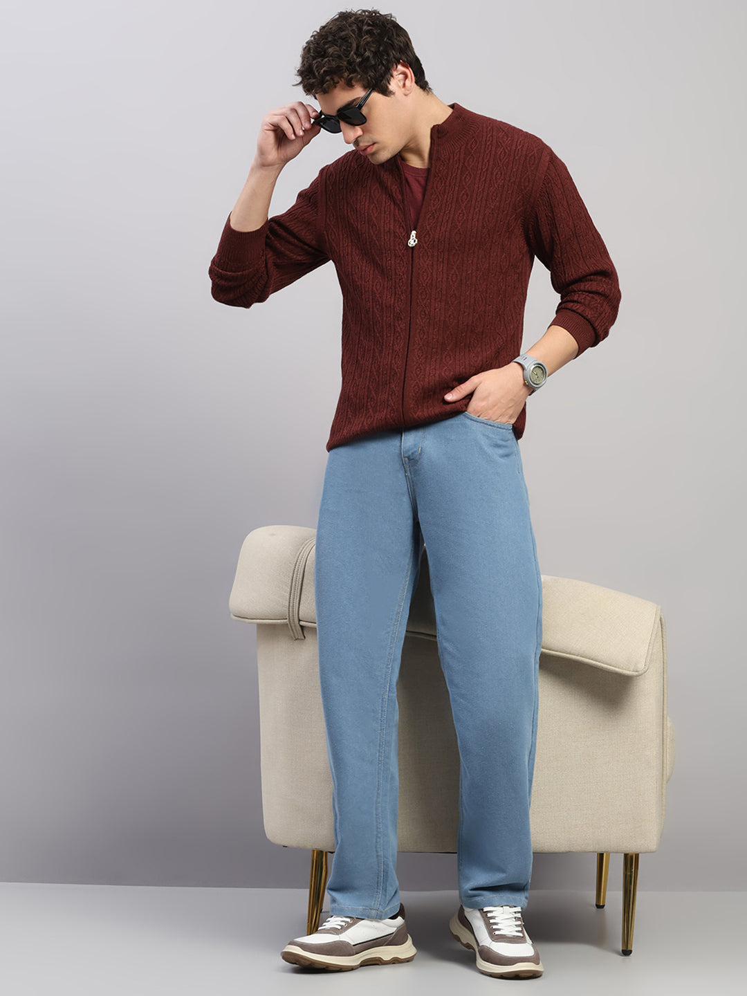 Luxuria Men Maroon Self Design Round Neck Full Sleeve Pullover