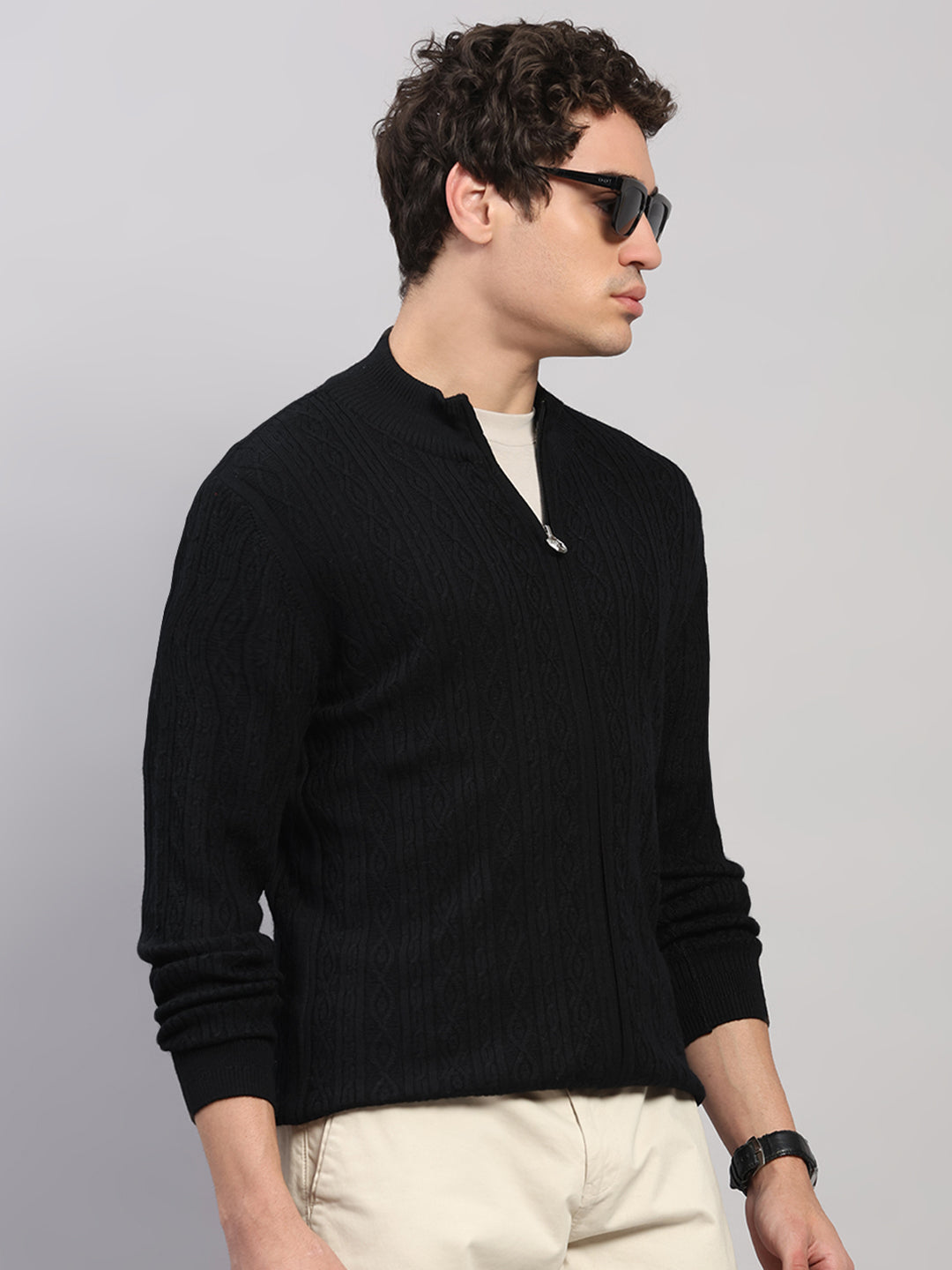 Luxuria Men Black Self Design Round Neck Full Sleeve Pullover