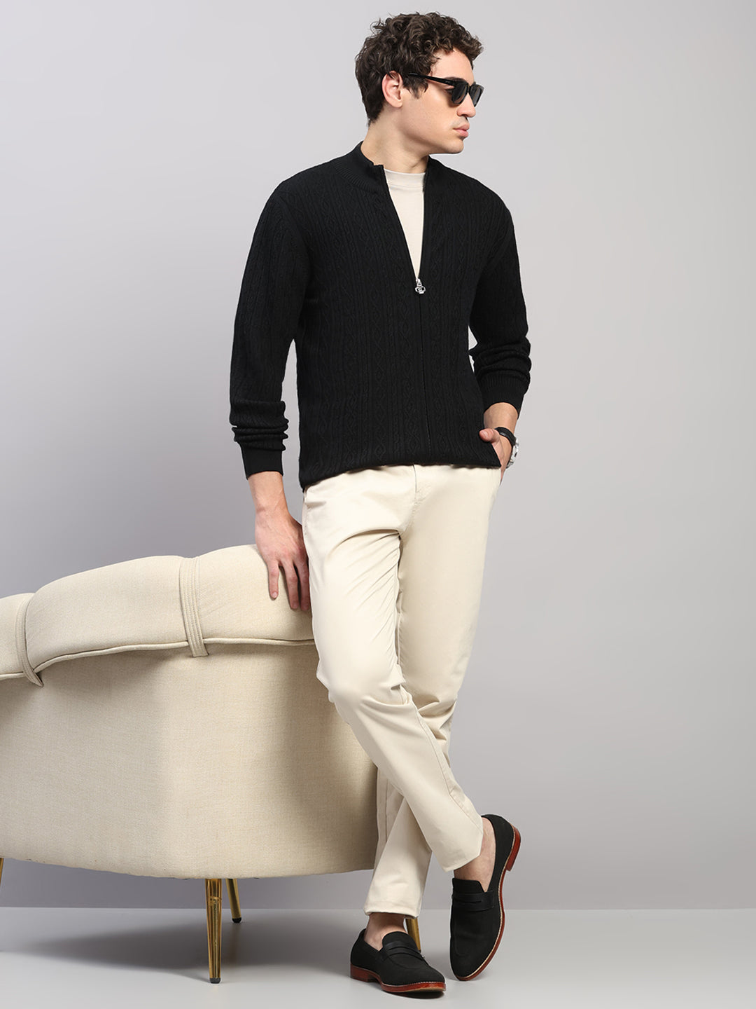 Luxuria Men Black Self Design Round Neck Full Sleeve Pullover