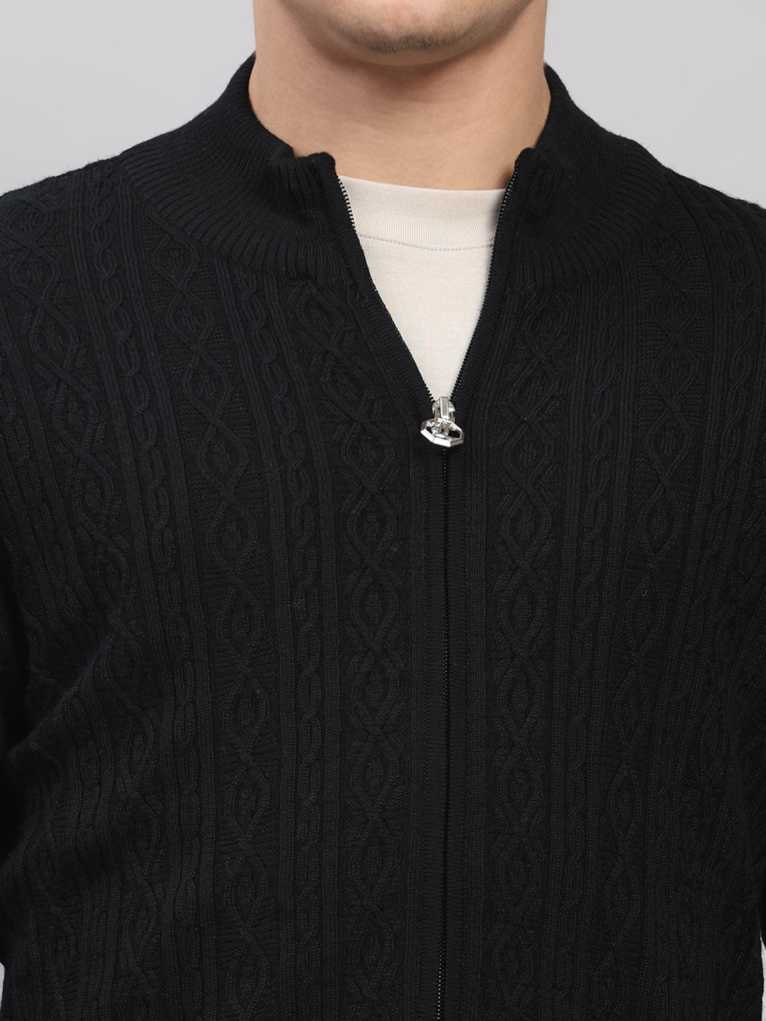 Luxuria Men Black Self Design Round Neck Full Sleeve Pullover