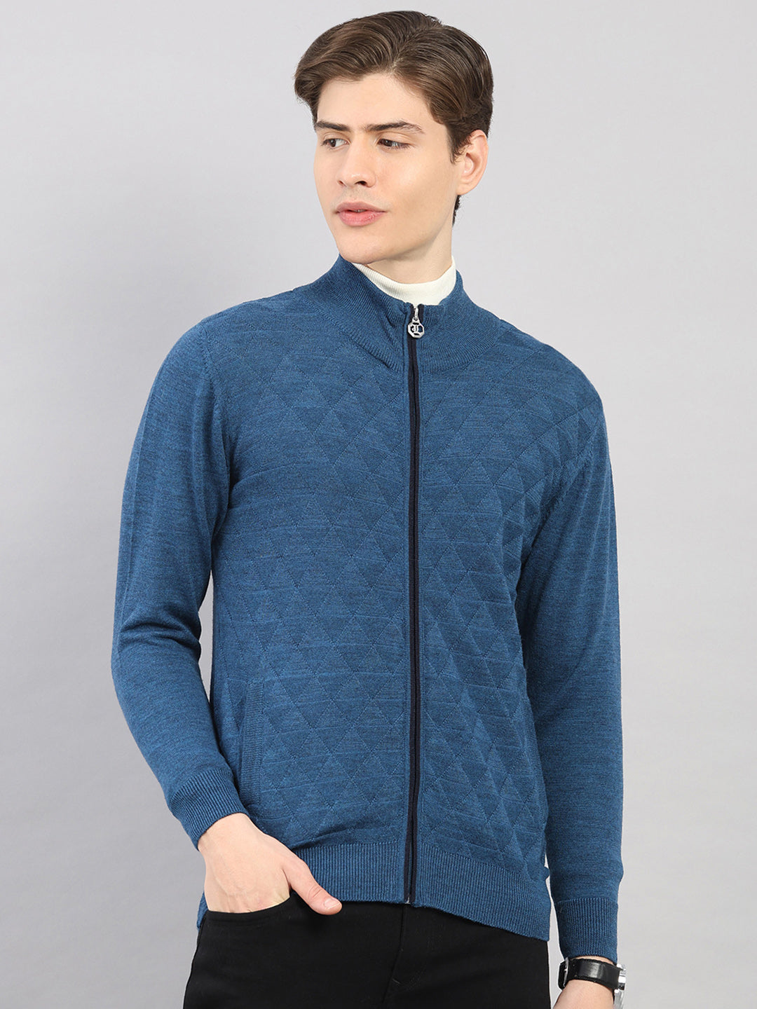 Luxuria Men Blue Self Design Round Neck Full Sleeve Pullover