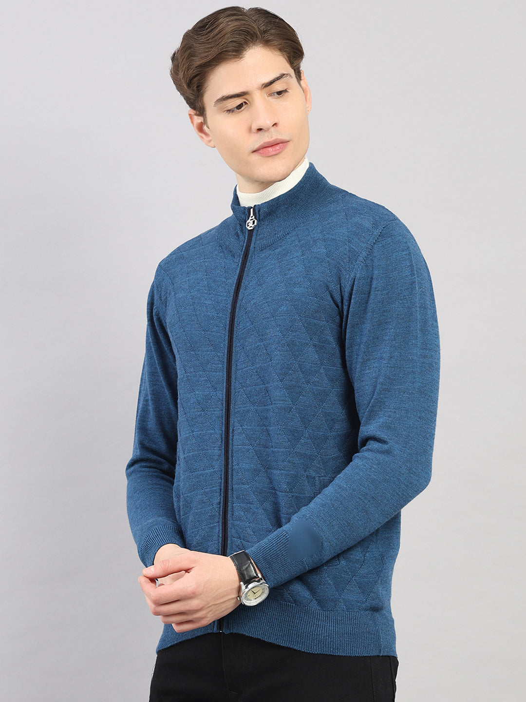 Luxuria Men Blue Self Design Round Neck Full Sleeve Pullover