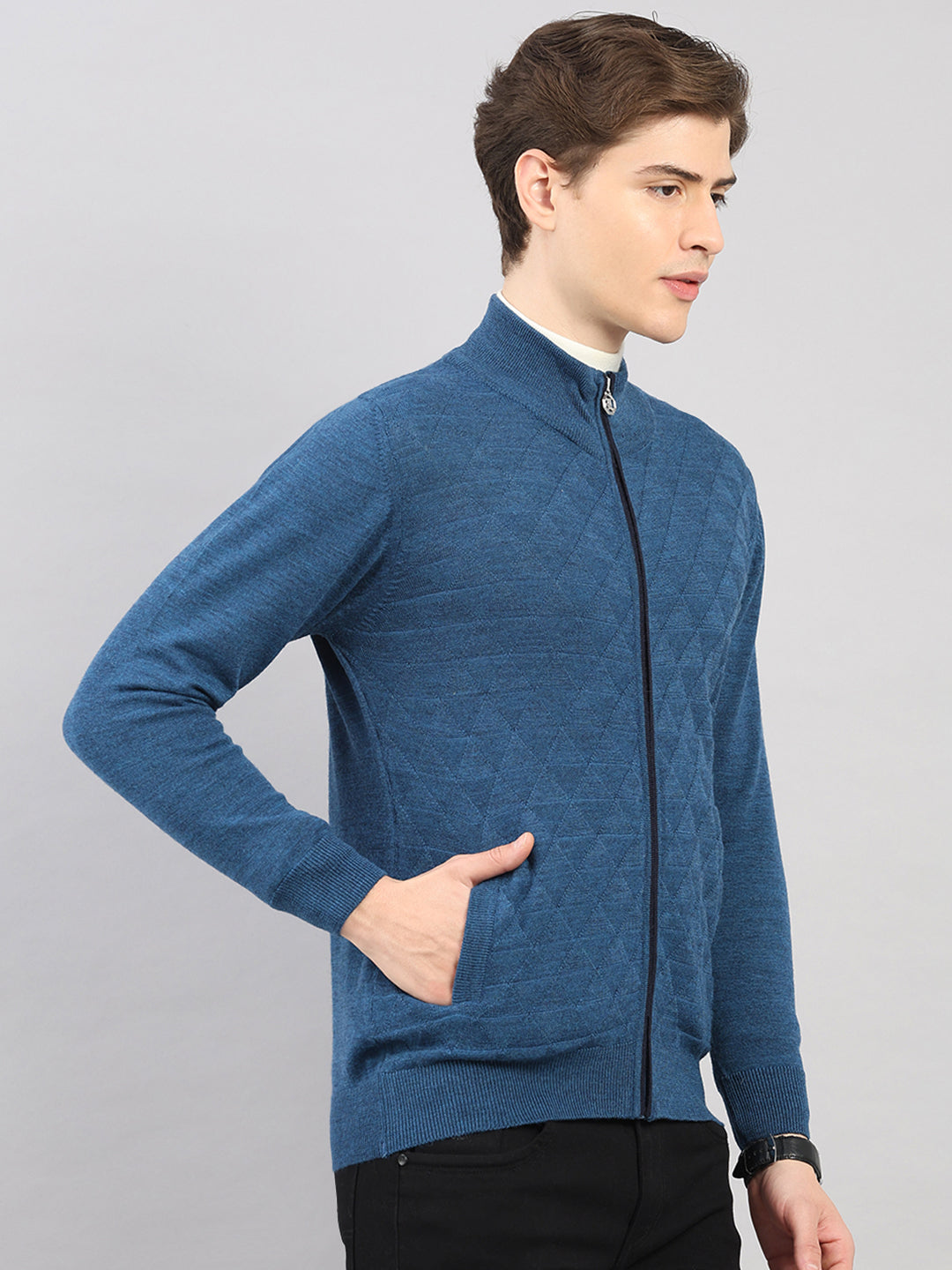 Luxuria Men Blue Self Design Round Neck Full Sleeve Pullover
