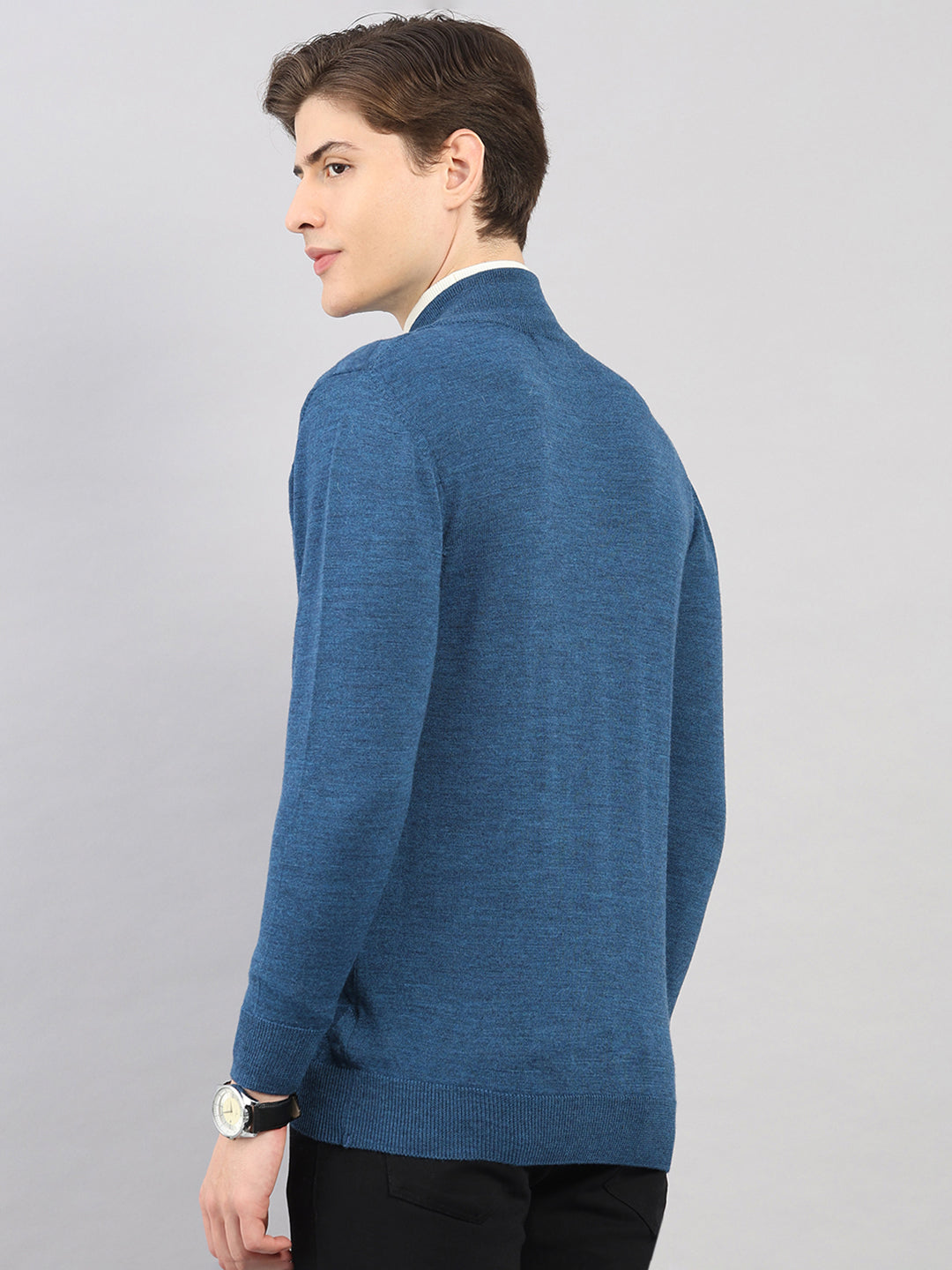 Luxuria Men Blue Self Design Round Neck Full Sleeve Pullover