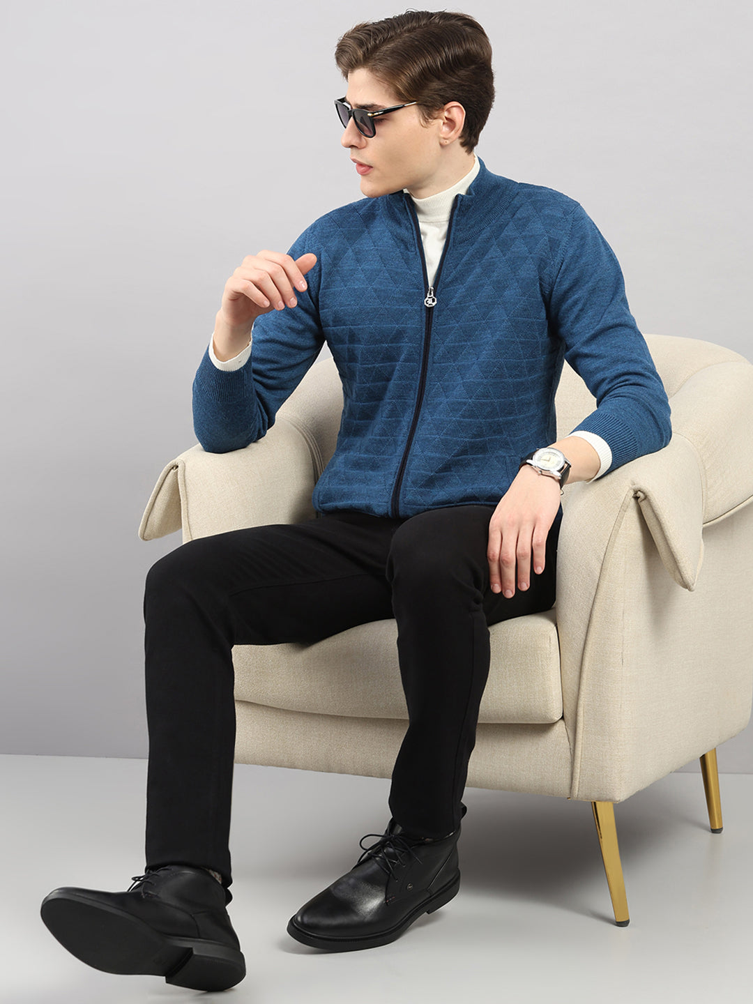 Luxuria Men Blue Self Design Round Neck Full Sleeve Pullover