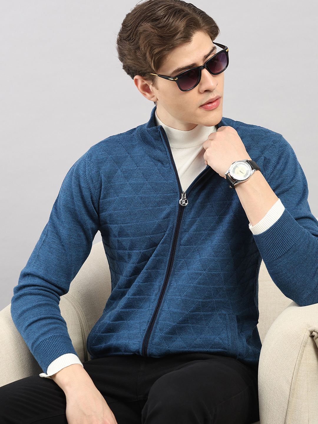 Luxuria Men Blue Self Design Round Neck Full Sleeve Pullover