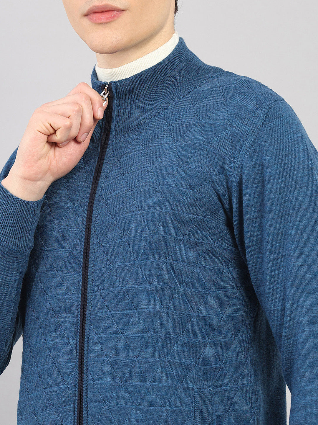 Luxuria Men Blue Self Design Round Neck Full Sleeve Pullover