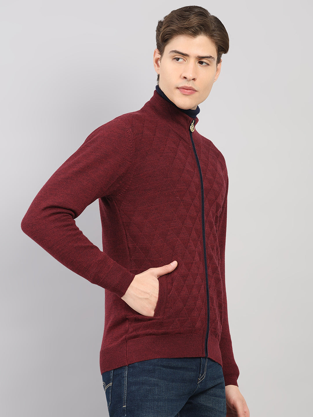 Luxuria Men Maroon Self Design Round Neck Full Sleeve Pullover