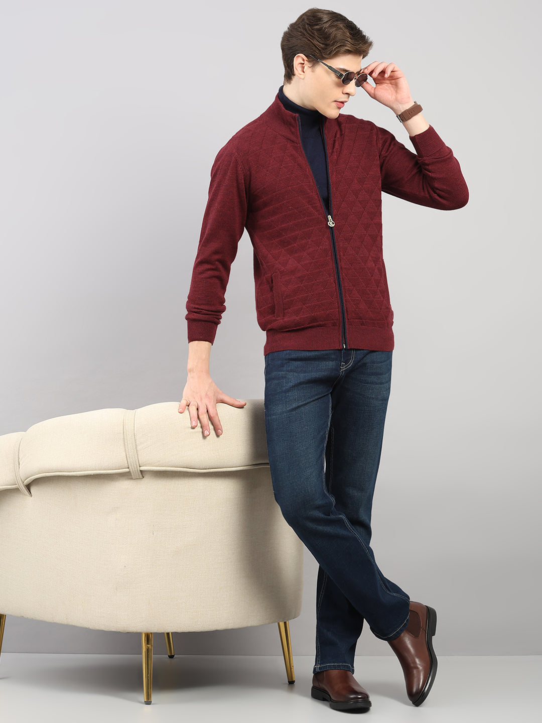 Luxuria Men Maroon Self Design Round Neck Full Sleeve Pullover