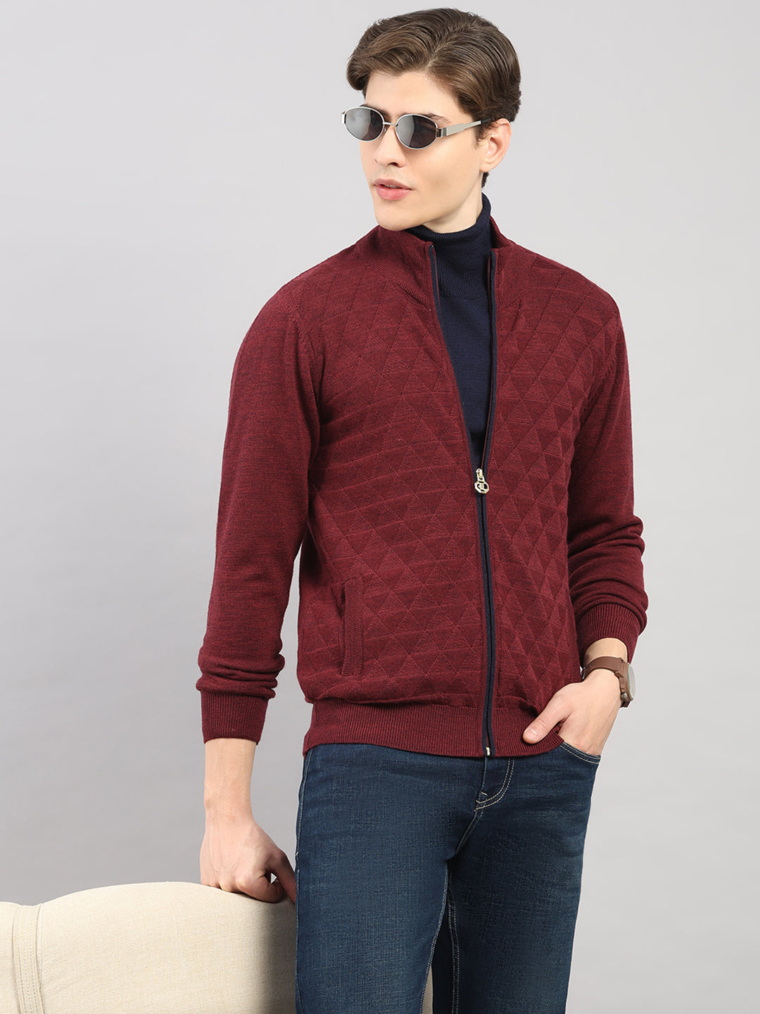 Luxuria Men Maroon Self Design Round Neck Full Sleeve Pullover