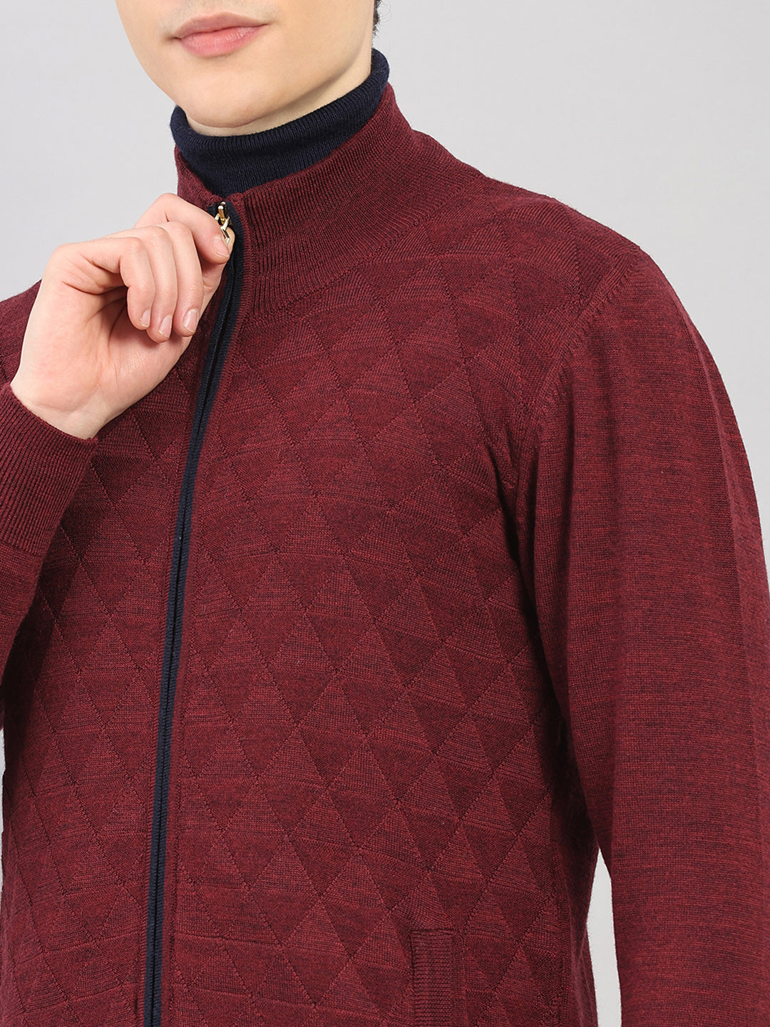 Luxuria Men Maroon Self Design Round Neck Full Sleeve Pullover