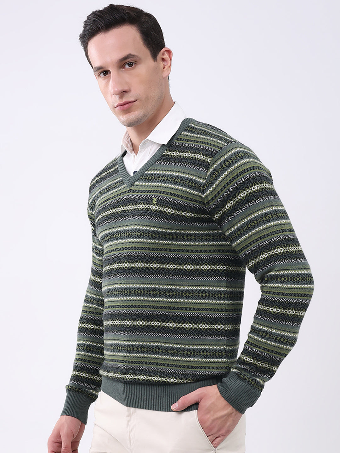 Luxuria Men Green Stripe V Neck Full Sleeve Pullover