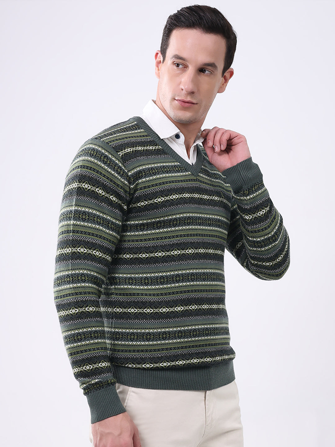 Luxuria Men Green Stripe V Neck Full Sleeve Pullover