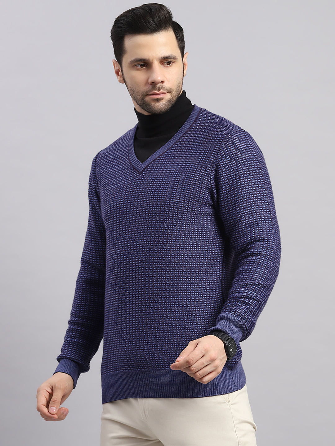 Luxuria Men Blue Printed V Neck Full Sleeve Pullover