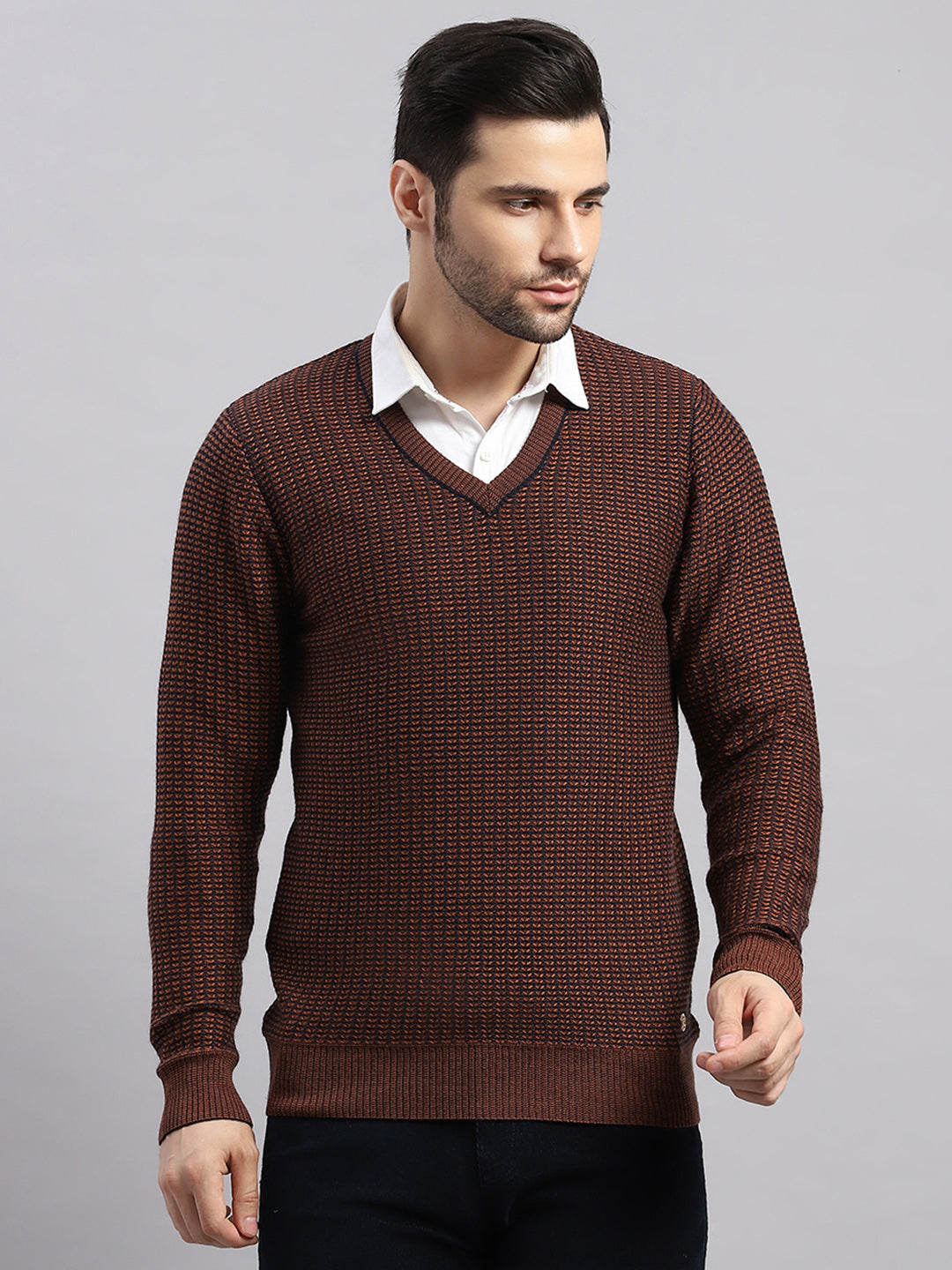 Luxuria Men Rust Printed V Neck Full Sleeve Pullover