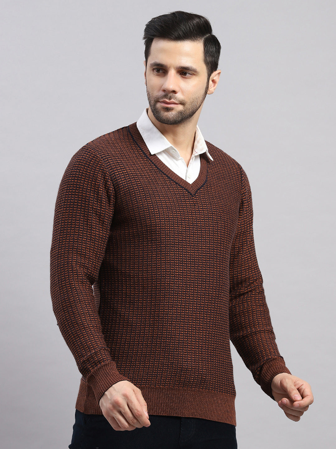 Luxuria Men Rust Printed V Neck Full Sleeve Pullover