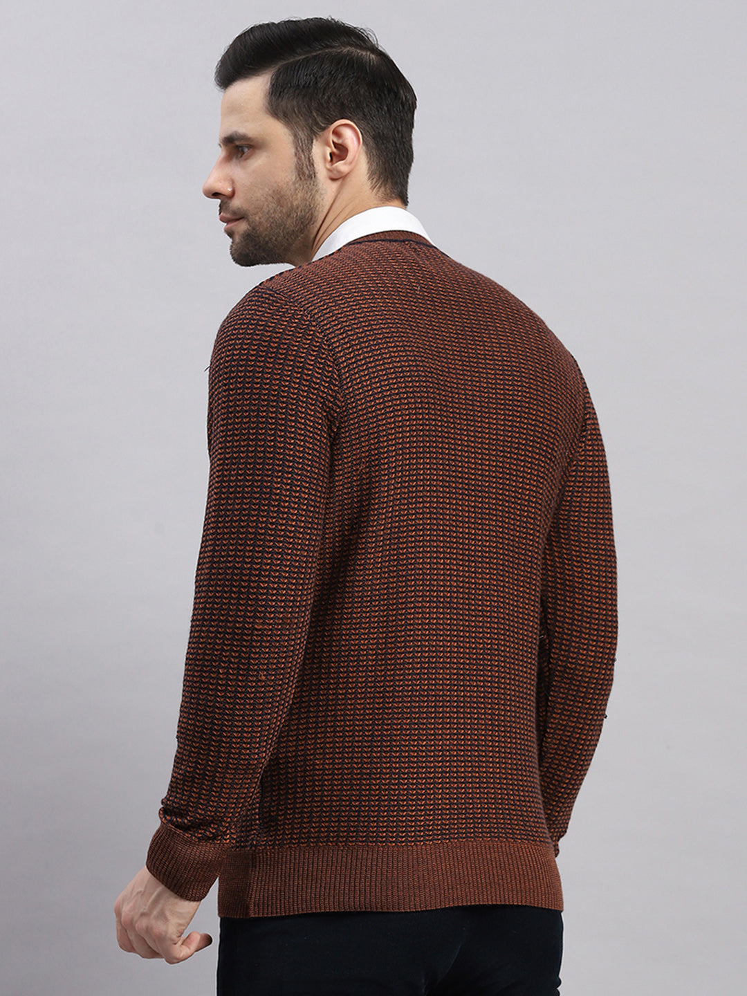 Luxuria Men Rust Printed V Neck Full Sleeve Pullover