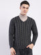 Luxuria Men Charcoal Self Design V Neck Full Sleeve Pullover