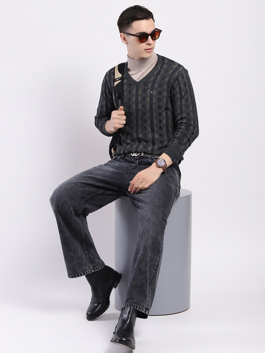 Luxuria Men Charcoal Self Design V Neck Full Sleeve Pullover