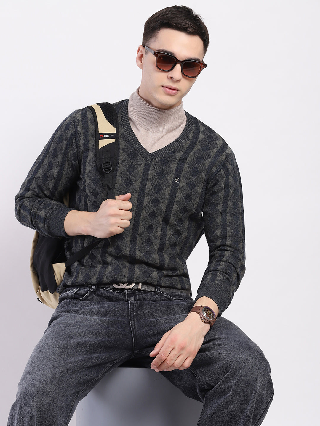 Luxuria Men Charcoal Self Design V Neck Full Sleeve Pullover