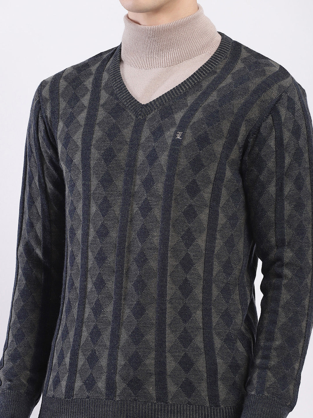 Luxuria Men Charcoal Self Design V Neck Full Sleeve Pullover