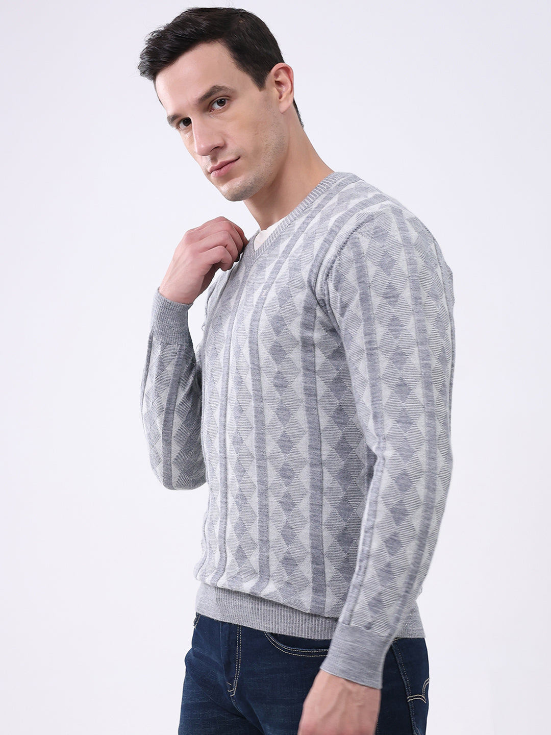 Luxuria Men Grey Stripe V Neck Full Sleeve Pullover