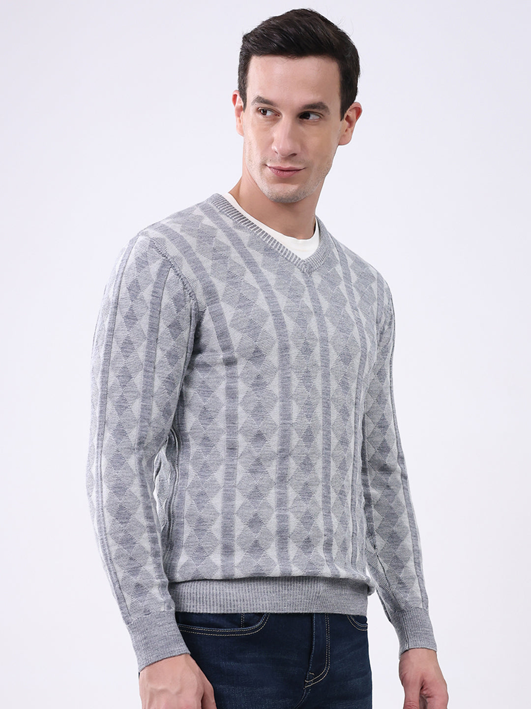 Luxuria Men Grey Stripe V Neck Full Sleeve Pullover