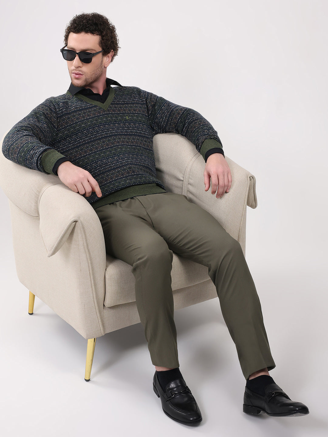 Luxuria Men Green Printed V Neck Full Sleeve Pullover