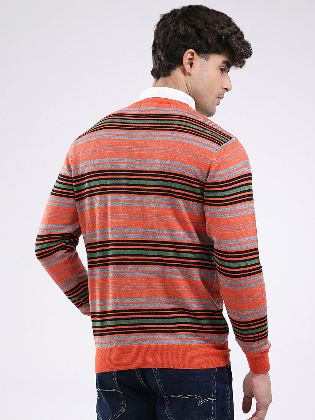 Luxuria Men Orange Self Design Round Neck Full Sleeve Pullover