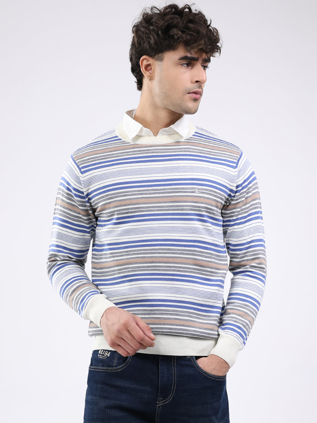 Luxuria Men Off White Self Design Round Neck Full Sleeve Pullover