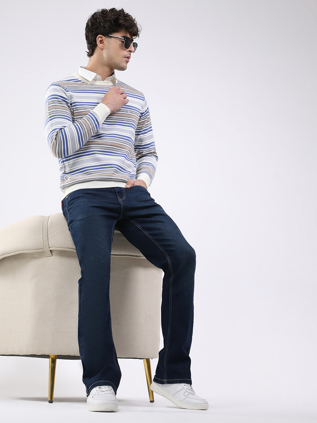 Luxuria Men Off White Self Design Round Neck Full Sleeve Pullover