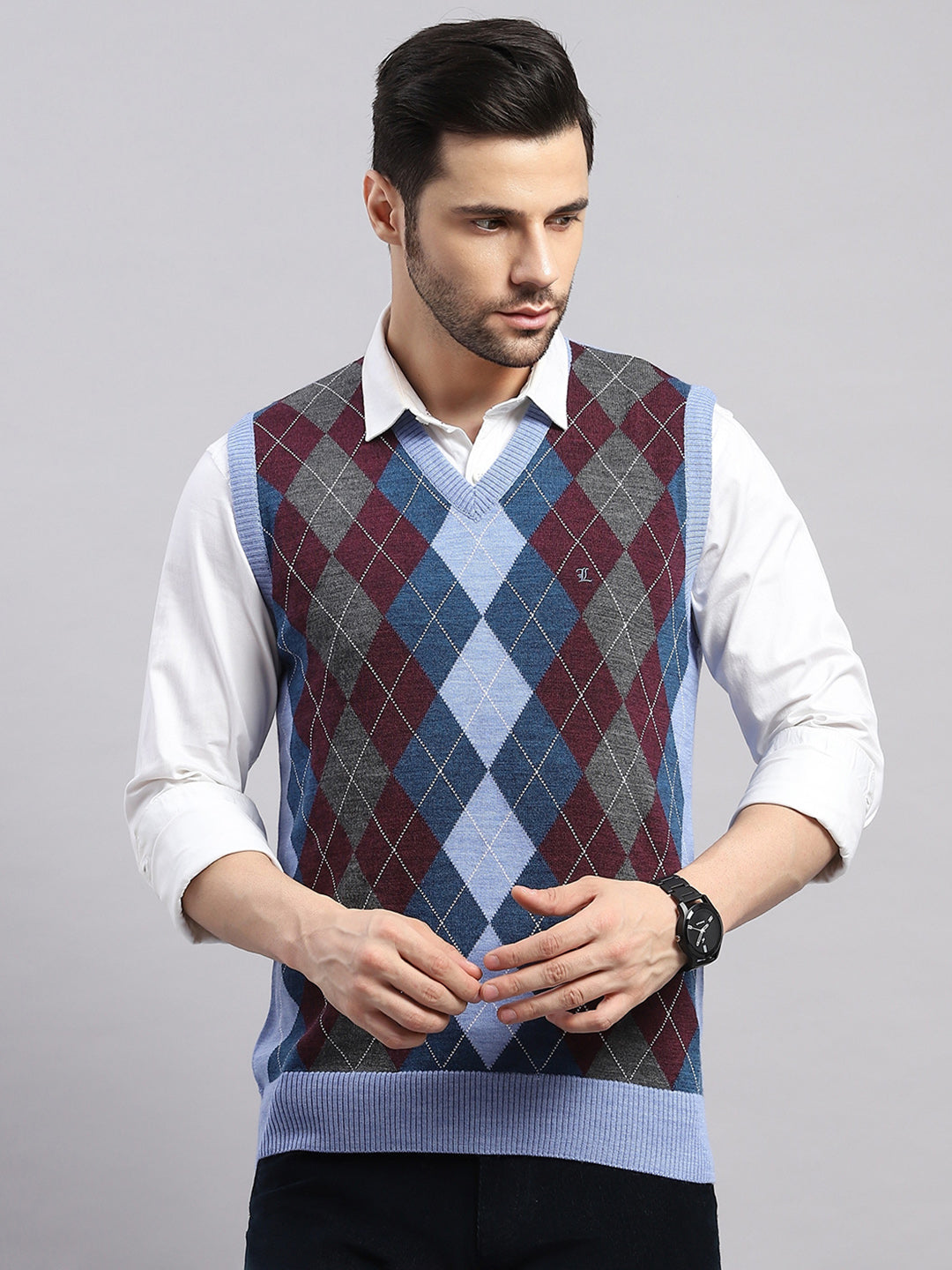 Luxuria Men Blue Printed V Neck Sleeveless Sweater
