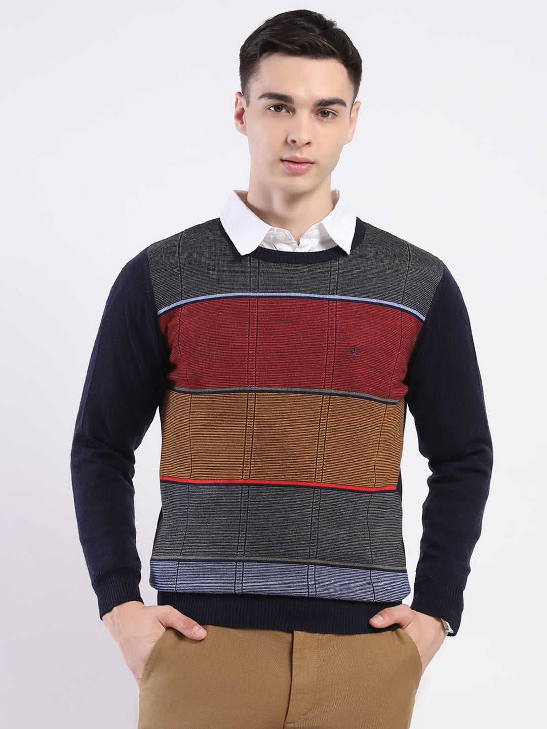 Luxuria Men Navy Blue Self Design Round Neck Full Sleeve Pullover