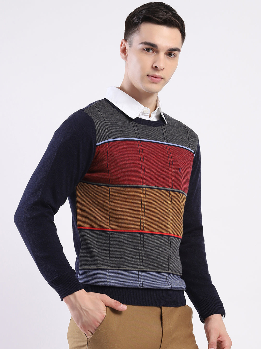 Luxuria Men Navy Blue Self Design Round Neck Full Sleeve Pullover