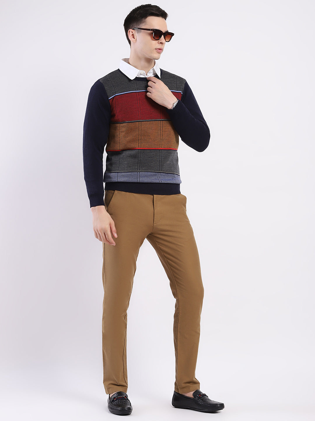 Luxuria Men Navy Blue Self Design Round Neck Full Sleeve Pullover