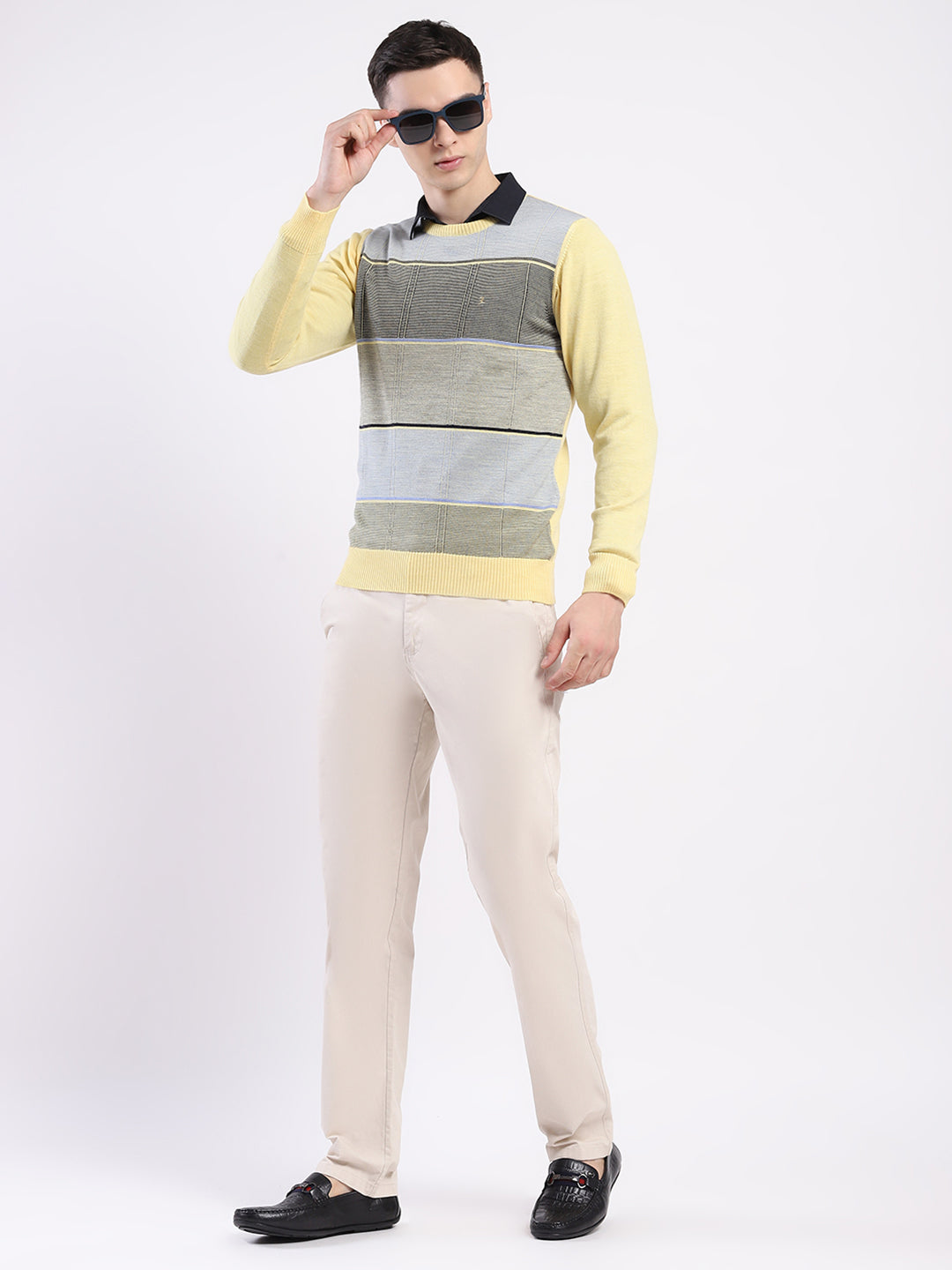 Luxuria Men Yellow Self Design Round Neck Full Sleeve Pullover