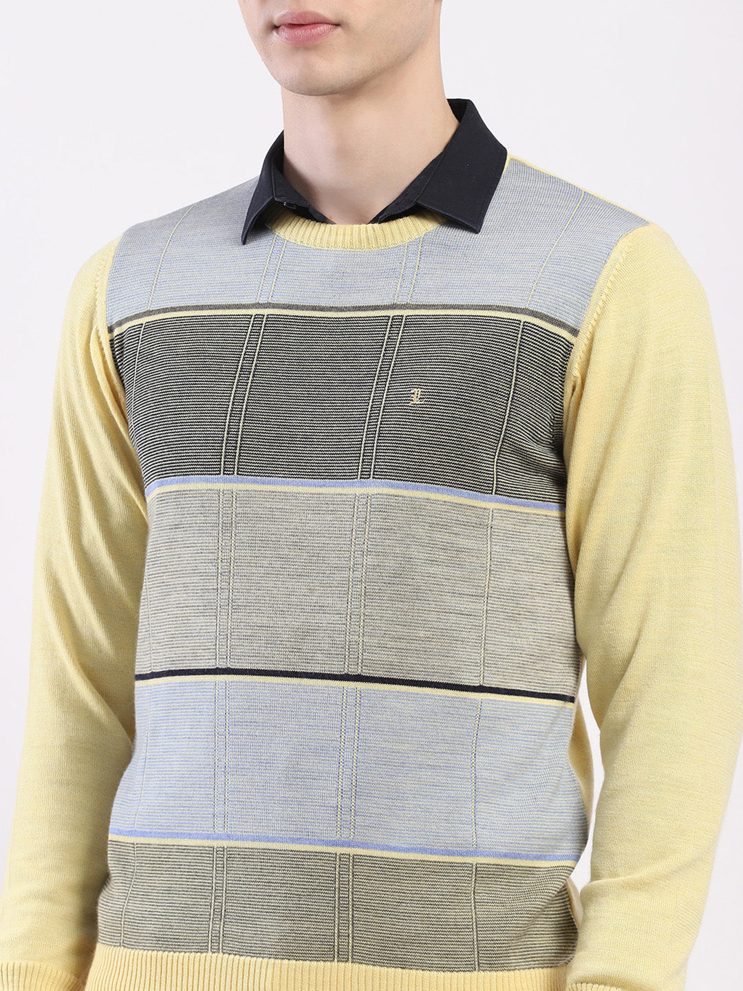 Luxuria Men Yellow Self Design Round Neck Full Sleeve Pullover