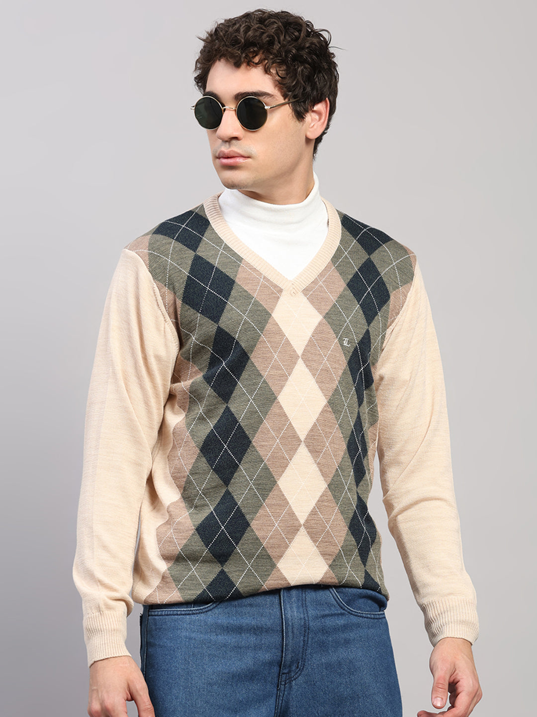 Luxuria Men Beige Printed V Neck Full Sleeve Pullover