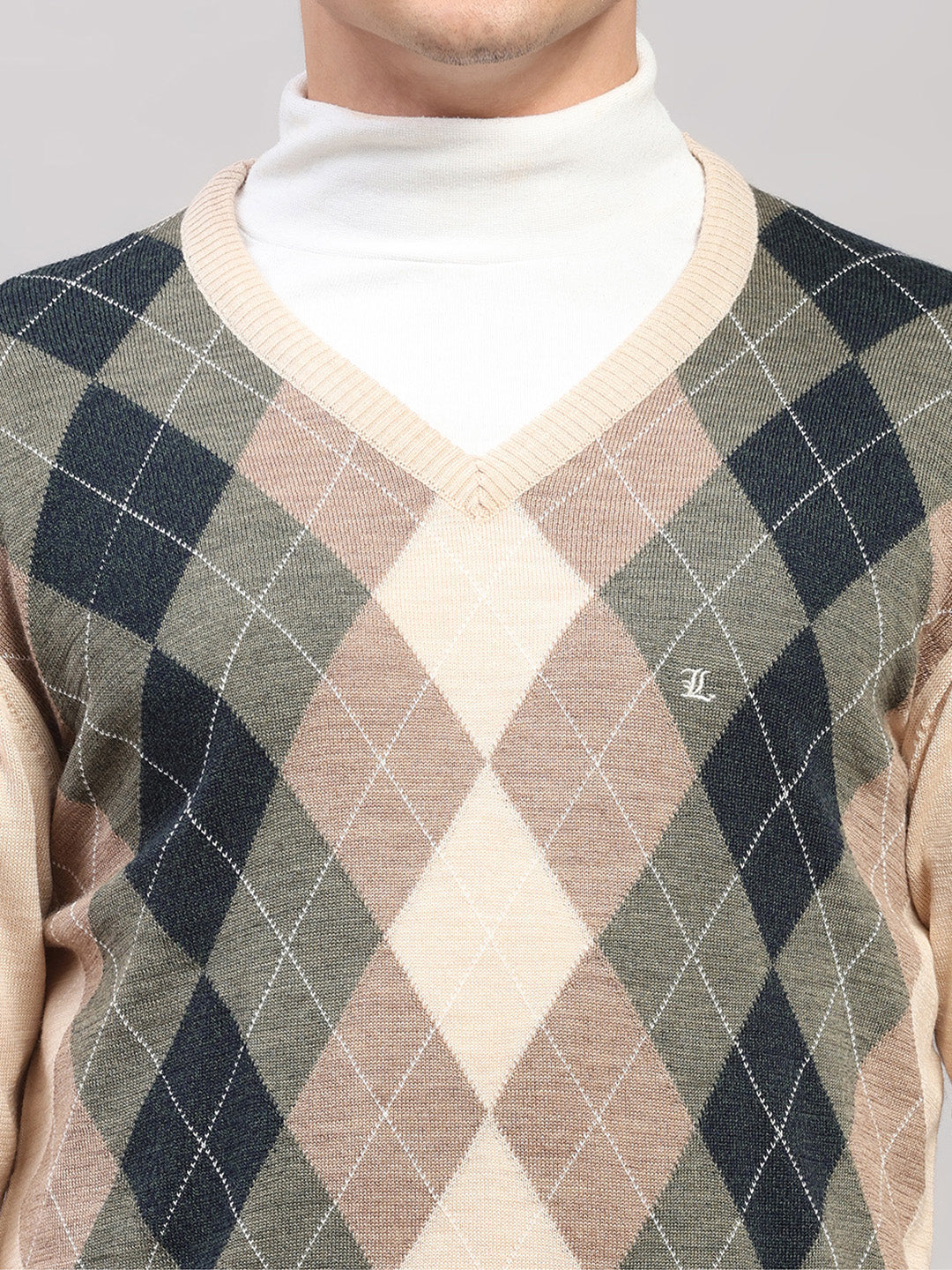 Luxuria Men Beige Printed V Neck Full Sleeve Pullover