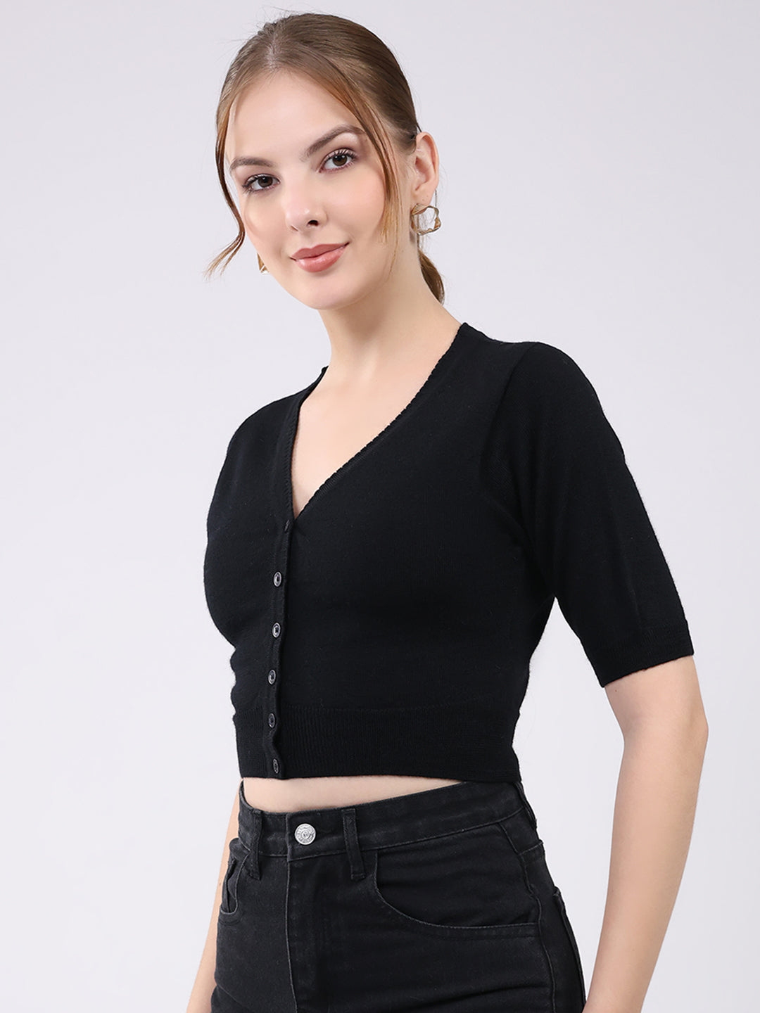 Women Black Solid Front Open Half Sleeve Cardigan